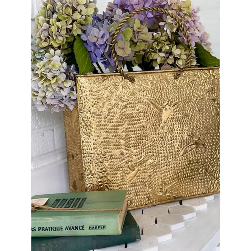Vintage Embossed Brass Magazine Rack Hummingbird Floral Twisted Handles